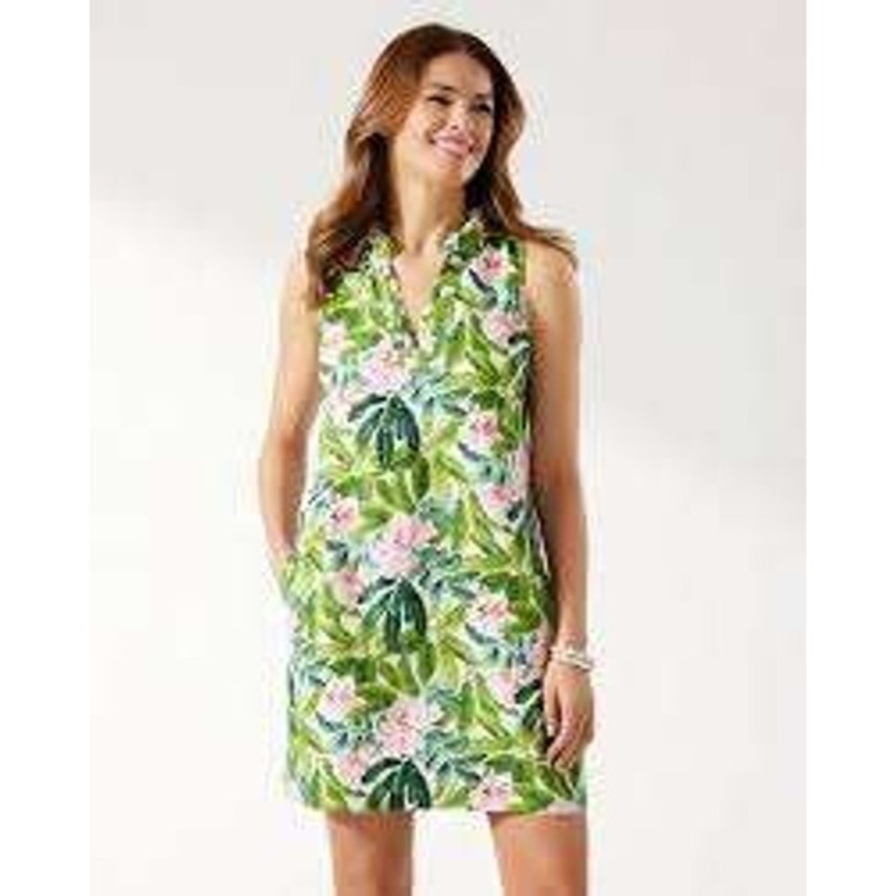 Tommy Bahama Linen Shift Dress Women Large Green Floral Tropical Ruffle V-Neck